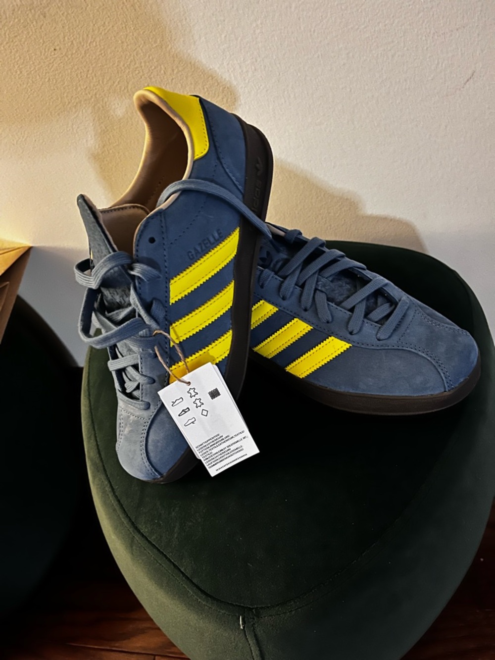 adidas Gazelle Suede Sneakers in Blue with Yellow Stripes